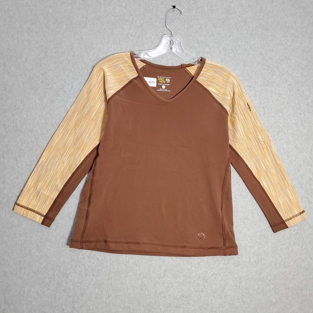 Mountain HardWear Women Top Medium Brown Shirt Cropped Raglan Sleeve Logo V Neck
